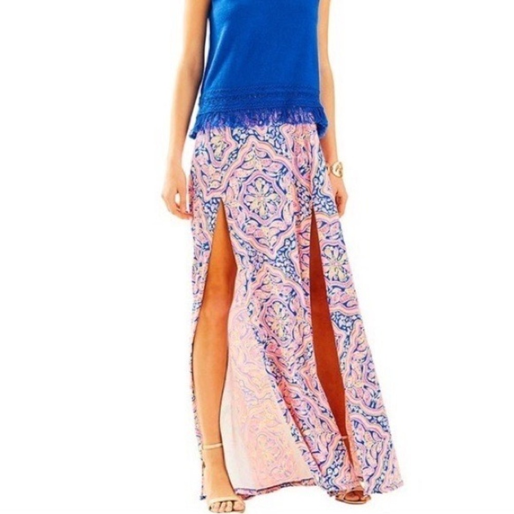 Lilly Pulitzer Ersi Maxi Skirt Large Can't Resist Pink Blue Paisley Double Slit